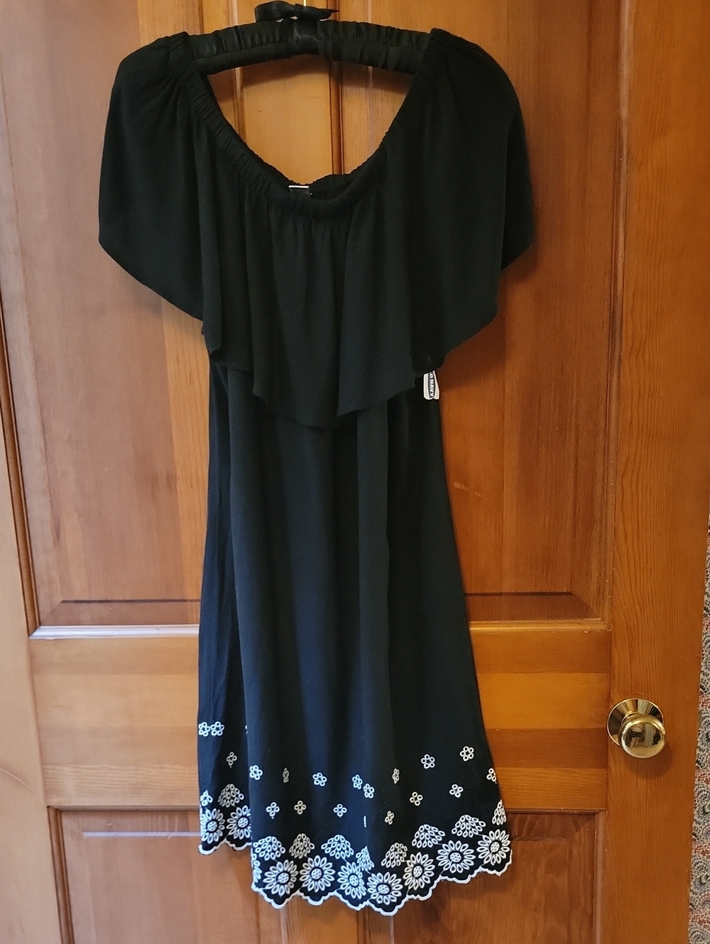 NWT Old Navy Med Black Off The Shoulder Dress Floral Eyelet Cutwork Linen Blend